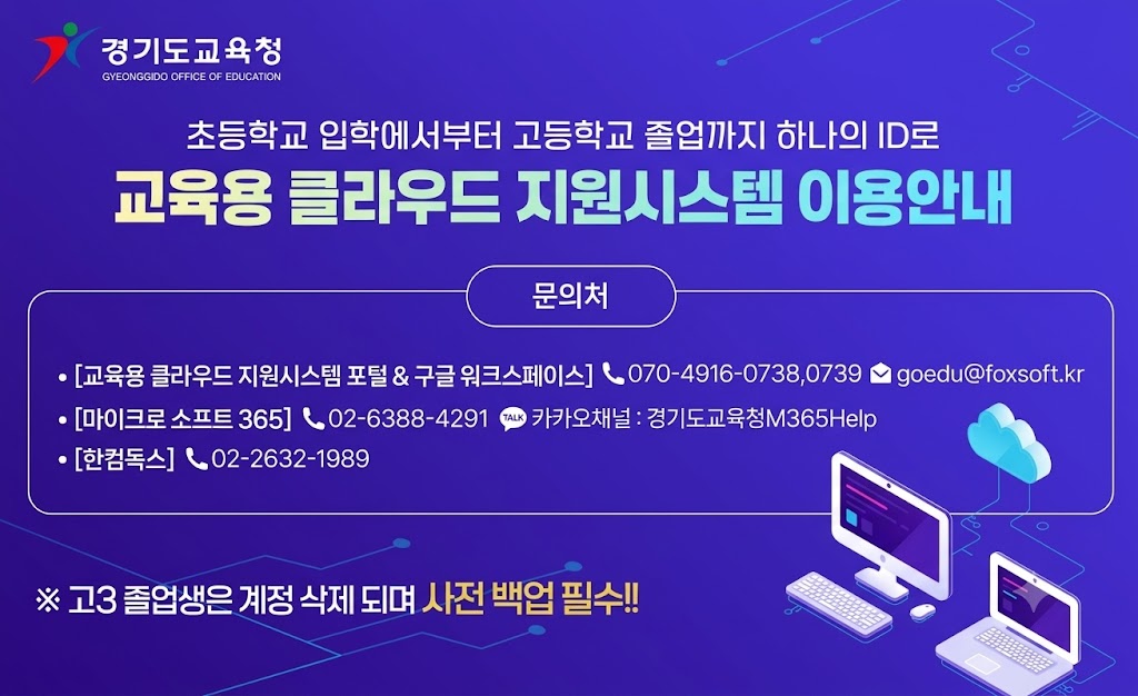 초등학교 입학에서부터 고등학교 졸업까지 하나의 ID로 교육용 클라우드 지원시스템 이용안내. 문의처: [교육용 클라우드 지원시스템 포털&구글 워크스페이스] 070-4916-0738,0739, goedu@foxsoft.kr / [마이크로소프트 365] 02-6388-4291, 카카오채널: 경기도교육청M365Help / [한컴독스] 02-2632-1989 고3 졸업생은 계정 삭제되며 사전 백업 필수!!